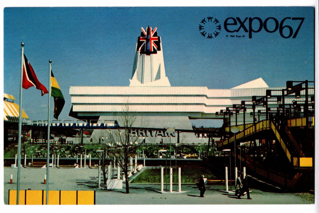 Expo 67 building with flags and people in front, featuring the Expo 67 logo.