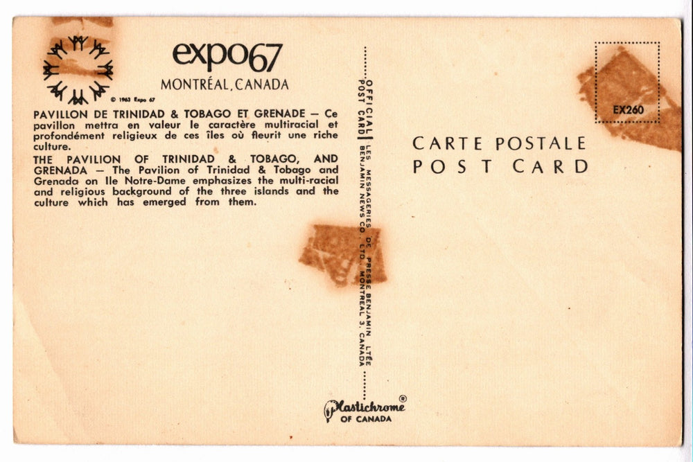 Vintage postcard from Expo 67 in Montreal, Canada with text and stamps.