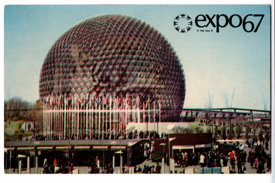 Spherical building with people around it, featuring 'expo 67' logo.