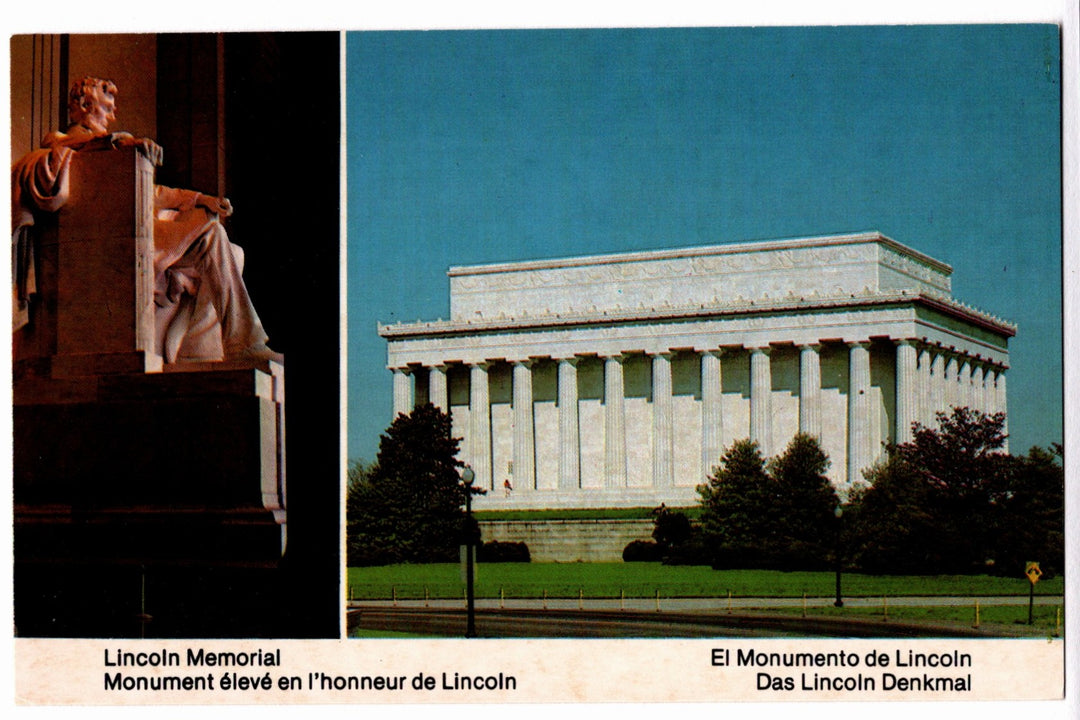 Two views of the Lincoln Memorial with a statue on the left and the building itself on the right.