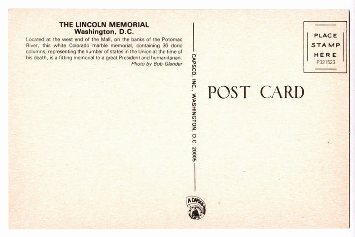 Vintage postcard featuring the Lincoln Memorial with text and a stamp area.