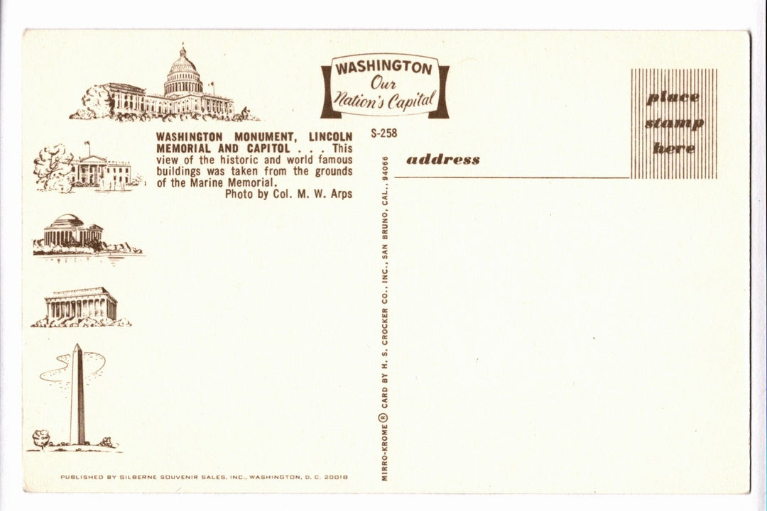 Vintage postcard featuring illustrations of famous landmarks with text about Washington, D.C.