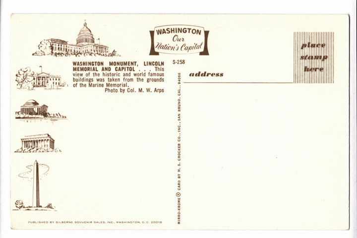 Vintage postcard featuring illustrations of famous landmarks with text about Washington, D.C.
