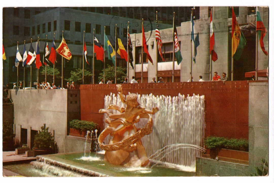 1962 Prometheus Statue Fountain Rockefeller Center New York Postcard.