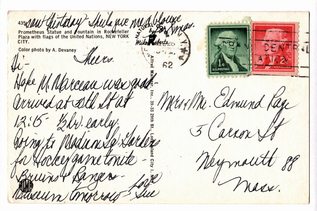 1962 Prometheus Statue Fountain Rockefeller Center New York Postcard.