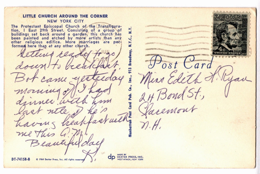 1964 Little Church Around the Corner, New York City Vintage Postcard.