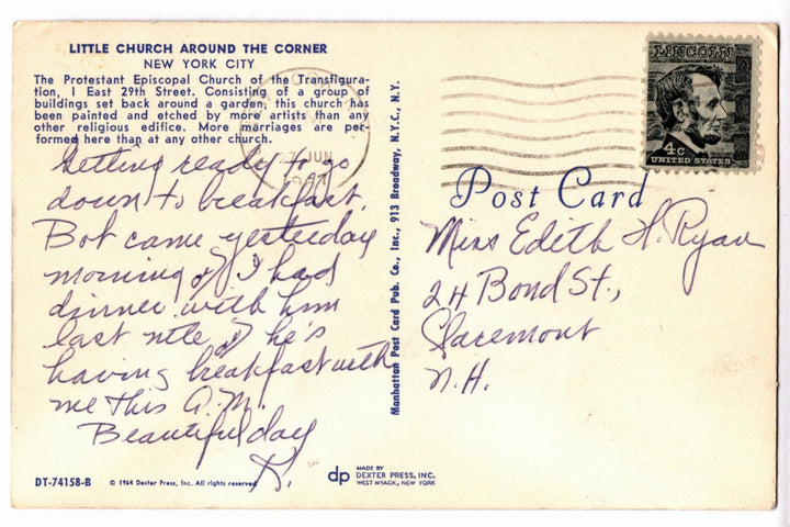1964 Little Church Around the Corner, New York City Vintage Postcard.