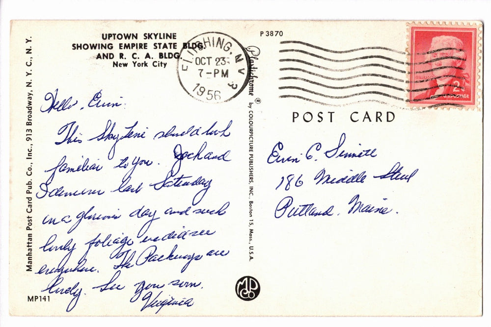 1956 Empire State Building Midtown Skyline New York City Vtg Postcard.