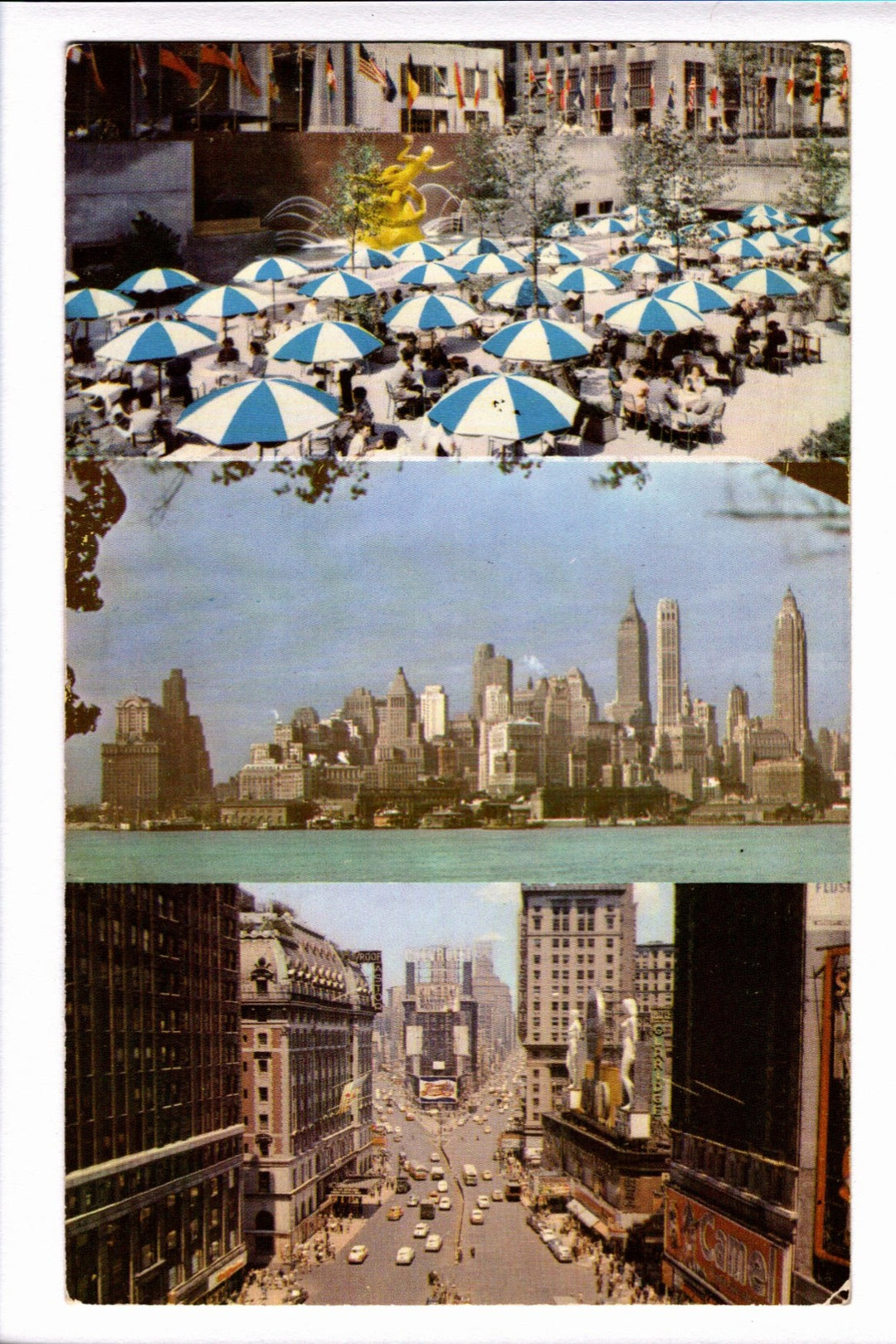 1956 Montage of Three Views of New York City Vintage Postcard.