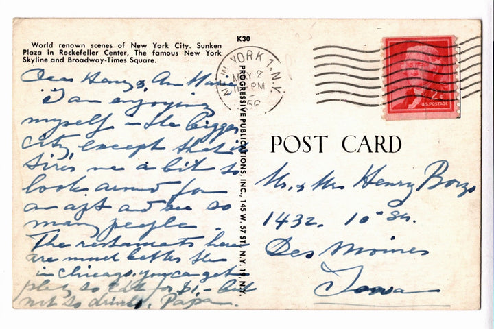 1956 Montage of Three Views of New York City Vintage Postcard.