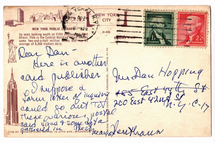 1962 New York Public Library on Fifth Ave Manhattan Vintage Postcard.