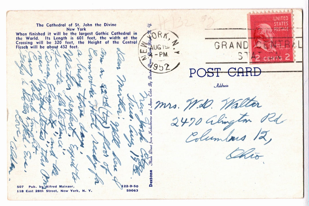 1952 Cathedral of St. John the Divine, New York City Vintage Postcard.