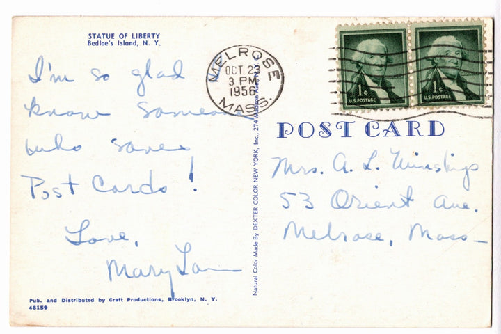 1956 Statue of Liberty, New York Harbor Vintage Postcard.