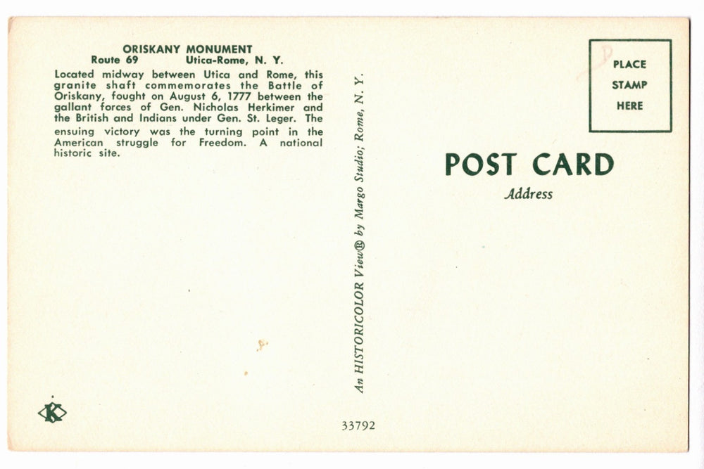 1950 Oriskany Battlefield Monument Oneida County NY Vintage Postcard.