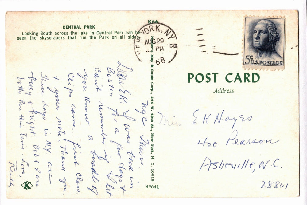 Vintage postcard with handwritten text and a stamp, sent from New York to Asheville, NC.