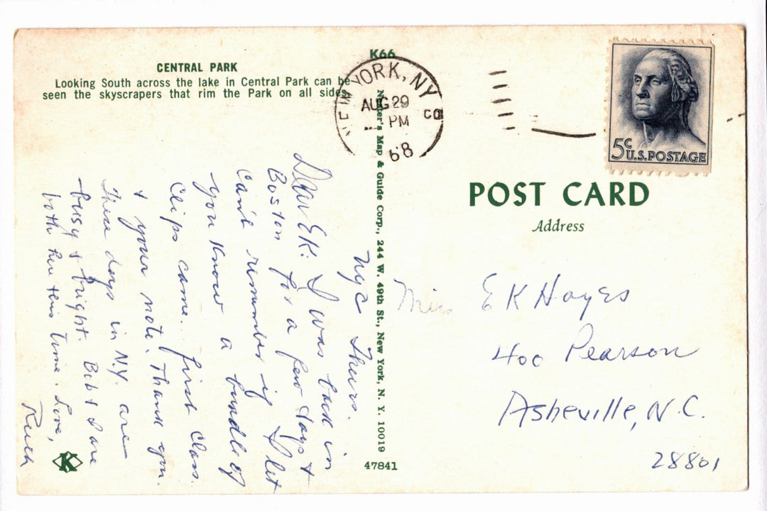 Vintage postcard with handwritten text and a stamp, sent from New York to Asheville, NC.