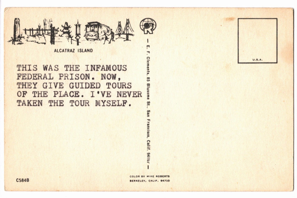 1960s Kitsch Alcatraz Island San Francisco California Vintage Postcard.