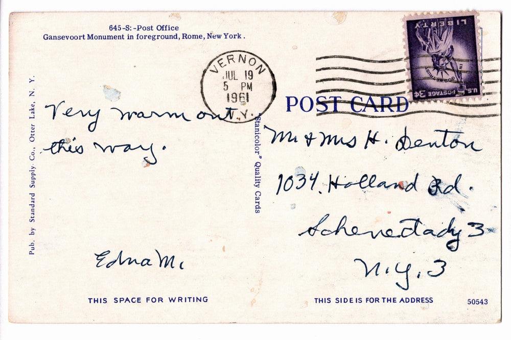 Peter Gansevoort Monument, Post Office Rome New York Vtg Postcard.