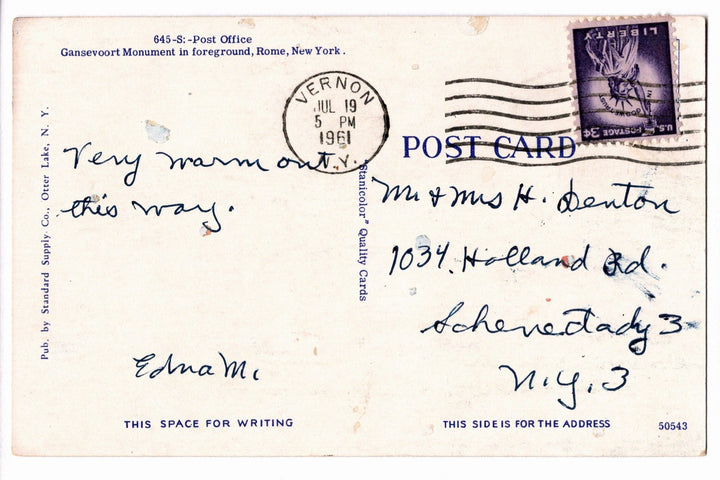 Peter Gansevoort Monument, Post Office Rome New York Vtg Postcard.