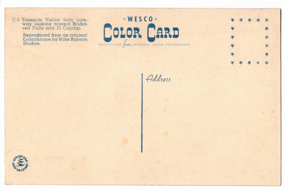 1941 Yosemite Valley El Capitan Bridalveil Fall CA Vintage Postcard.
