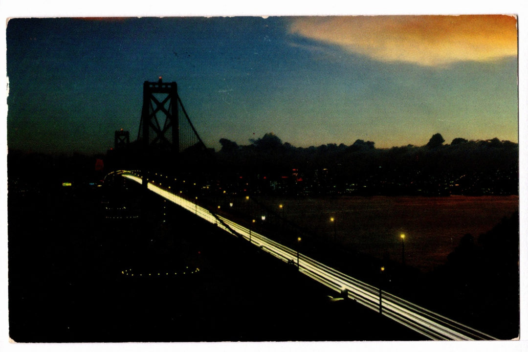1950s San Francisco–Oakland Bay Bridge at Night CA Vintage Postcard.