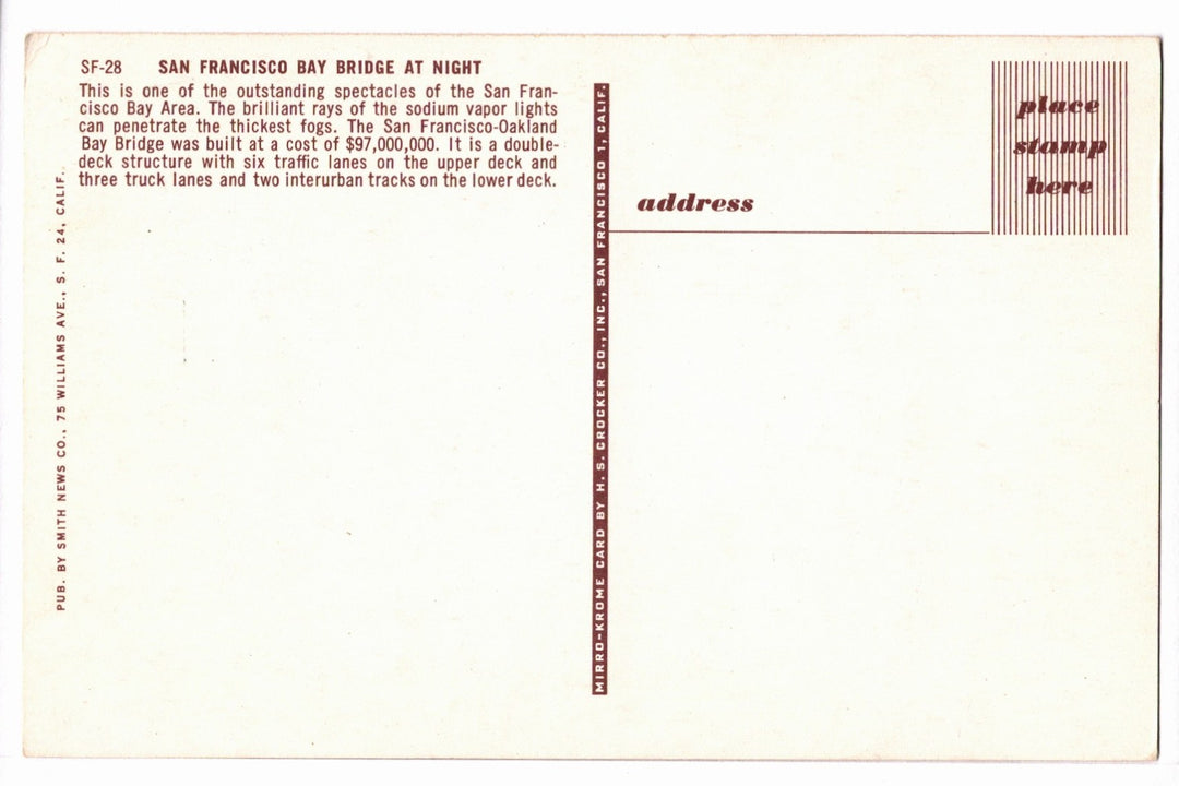 1950s San Francisco–Oakland Bay Bridge at Night CA Vintage Postcard.