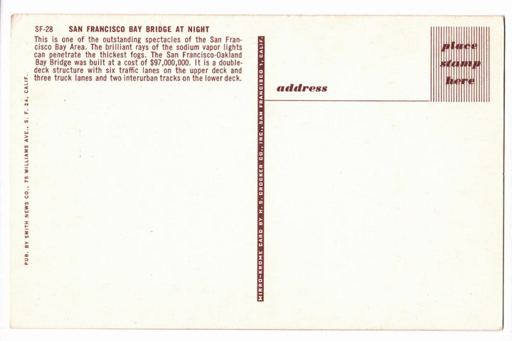 1950s San Francisco–Oakland Bay Bridge at Night CA Vintage Postcard.