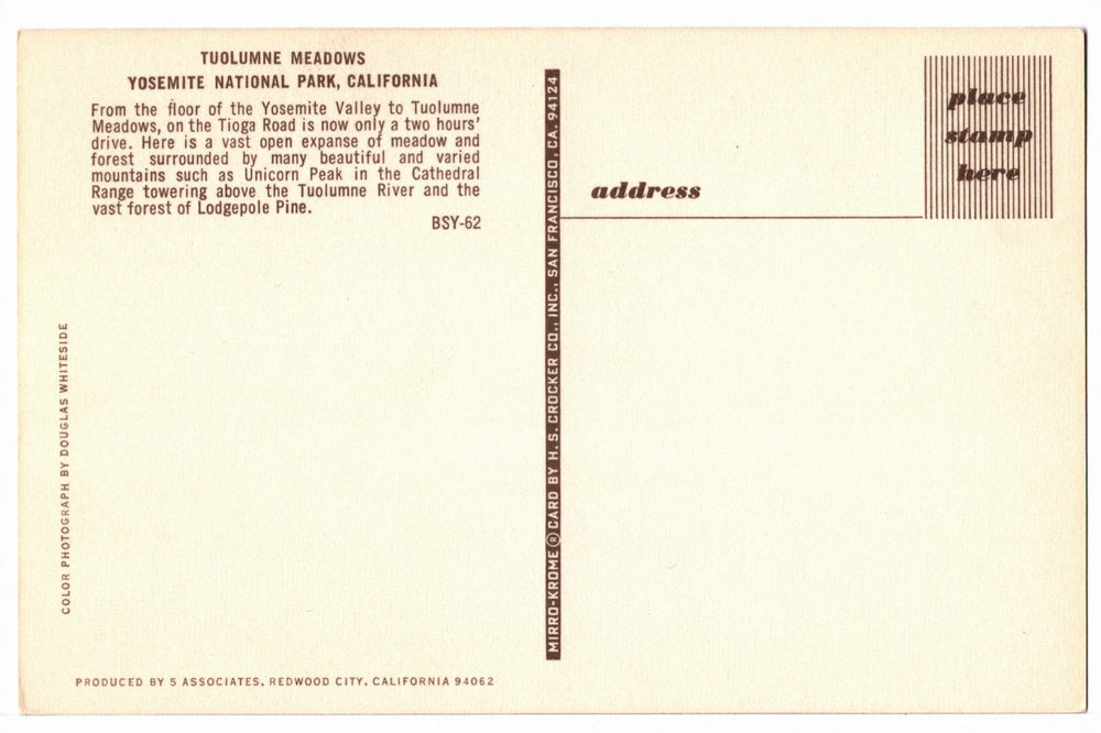 1950s Tuolumne Meadows, Yosemite National Park, CA Vintage Postcard.