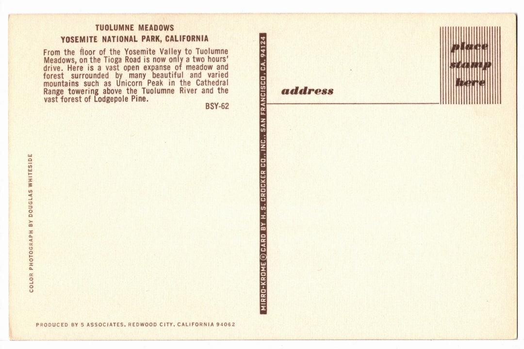 1950s Tuolumne Meadows, Yosemite National Park, CA Vintage Postcard.