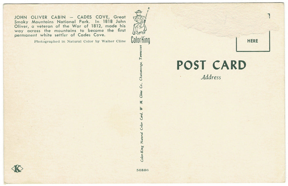 John Oliver Cabin Cades Cove Tennessee Vintage Postcard, back view.