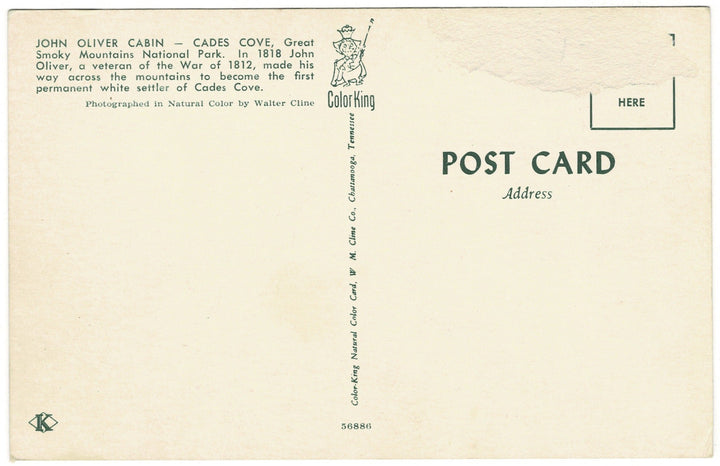 John Oliver Cabin Cades Cove Tennessee Vintage Postcard, back view.