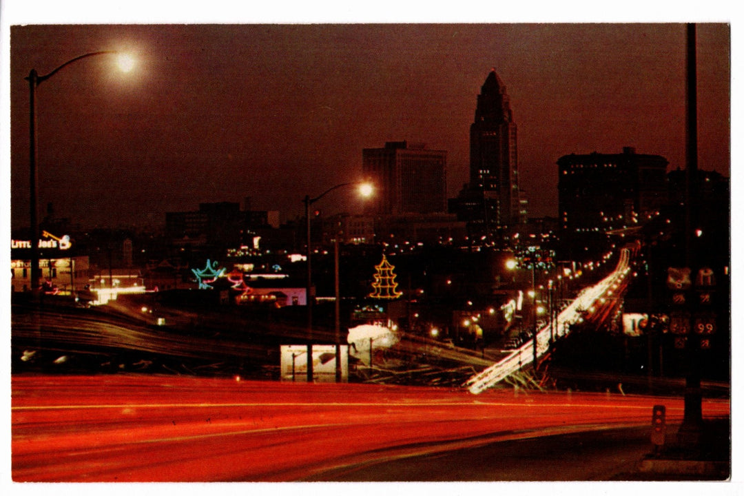 1955 Los Angeles Civic Center, Chinatown at Night CA Vintage Postcard.