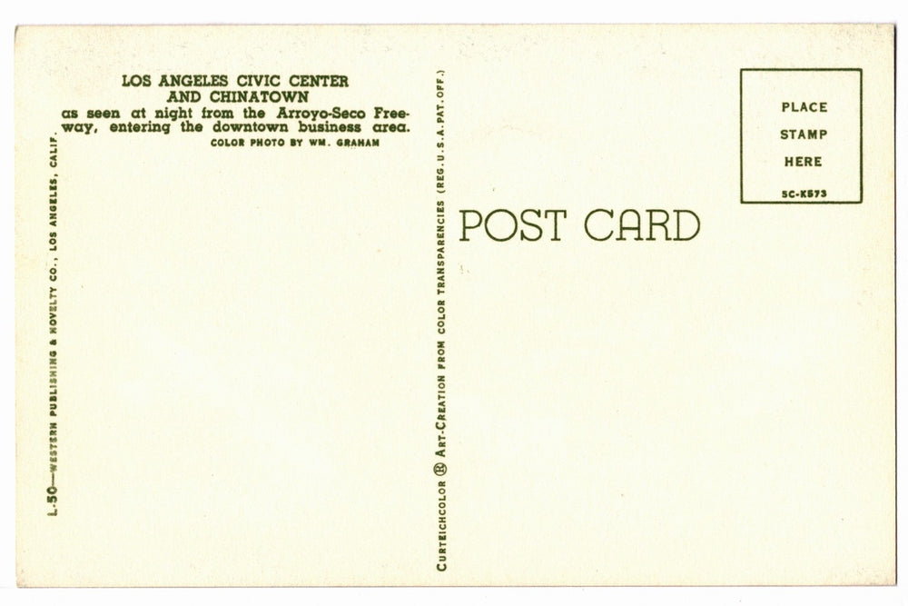 1955 Los Angeles Civic Center, Chinatown at Night CA Vintage Postcard.