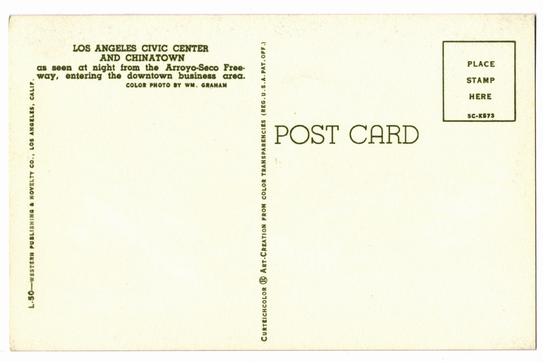 1955 Los Angeles Civic Center, Chinatown at Night CA Vintage Postcard.
