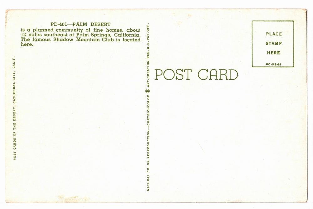 1956 Palm Desert, California Vintage Postcard.