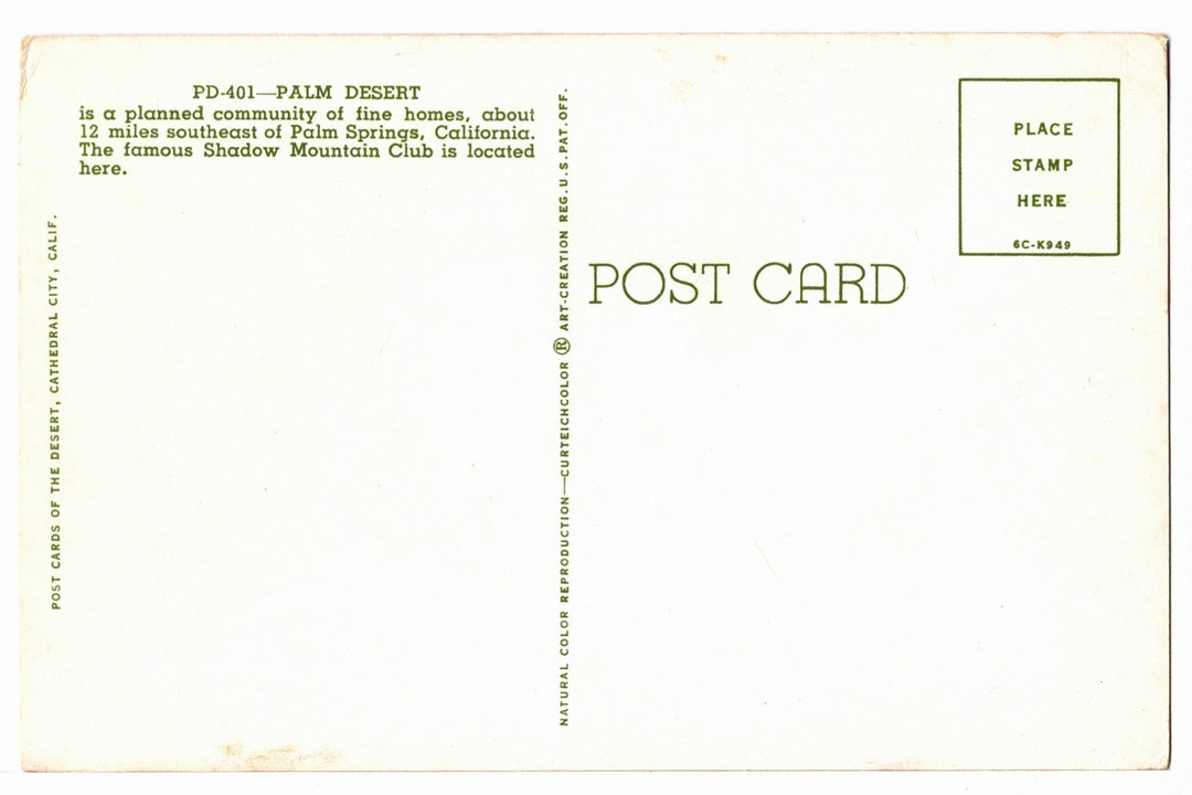 1956 Palm Desert, California Vintage Postcard.