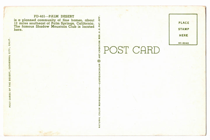 1956 Palm Desert, California Vintage Postcard.