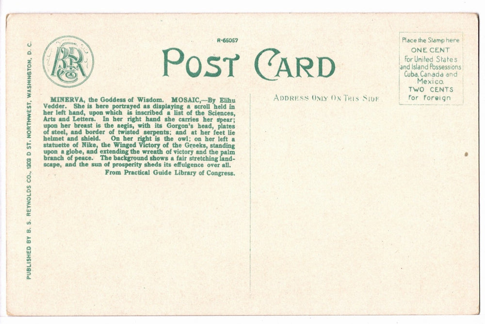 1917 Minerva of Peace Library of Congress Washington, D.C. Vtg Postcard.