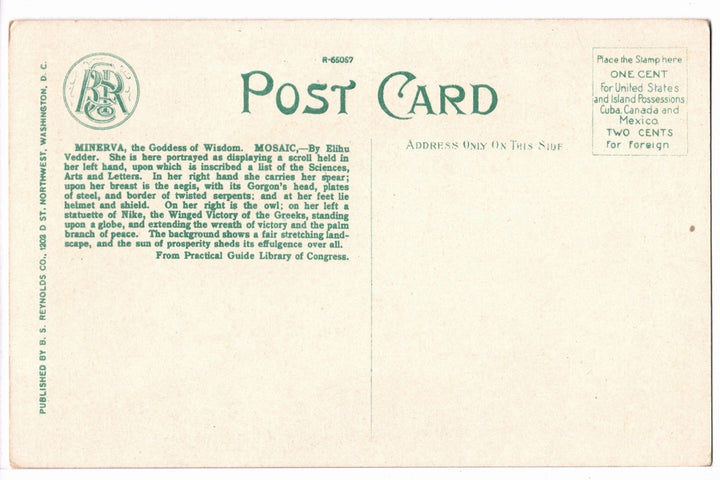 1917 Minerva of Peace Library of Congress Washington, D.C. Vtg Postcard.
