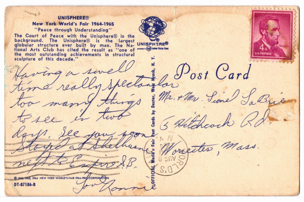 1964 Unisphere at New York World’s Fair Vintage Postcard.