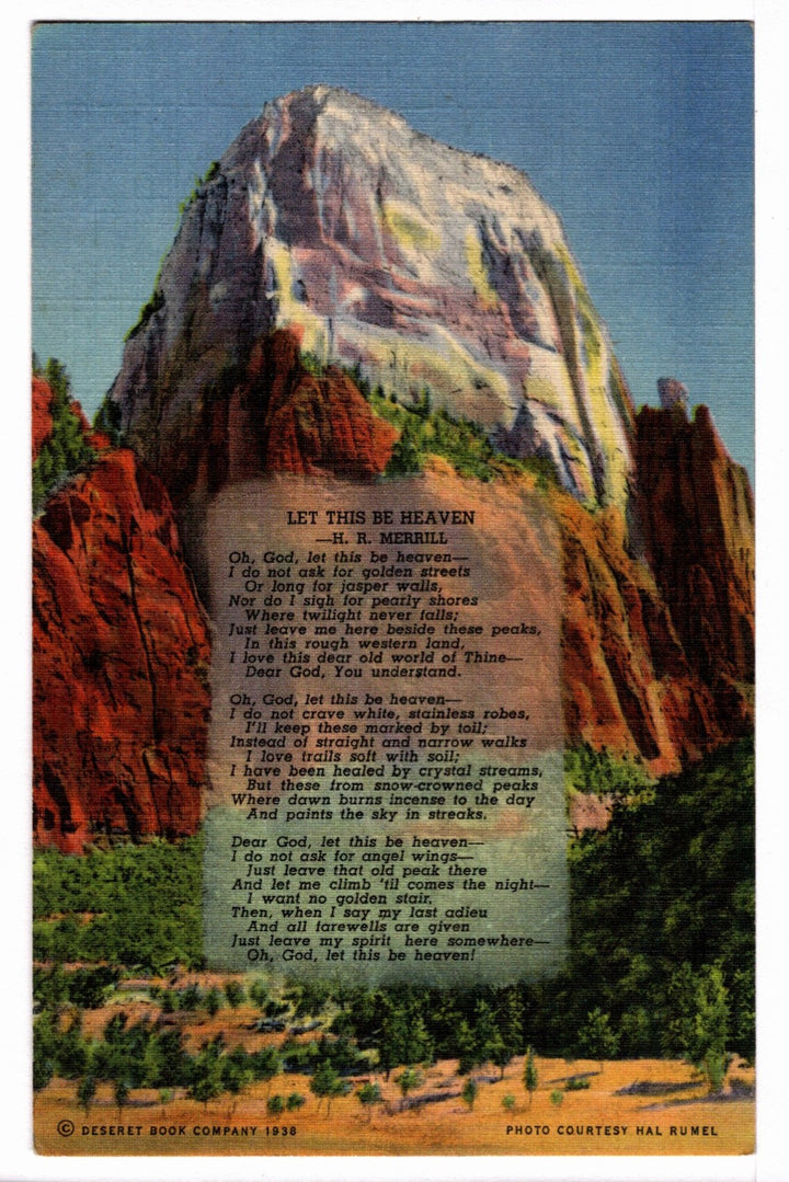 1937 Let This Be Heaven Poem Zion Nat'l Park Vintage Postcard.