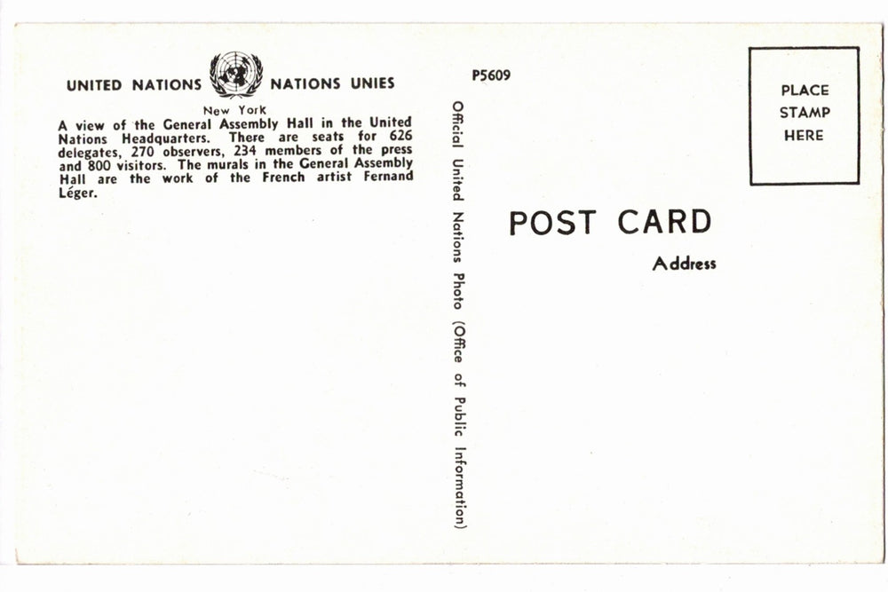 1960s General Assembly Hall, United Nations, New York Vintage Postcard.