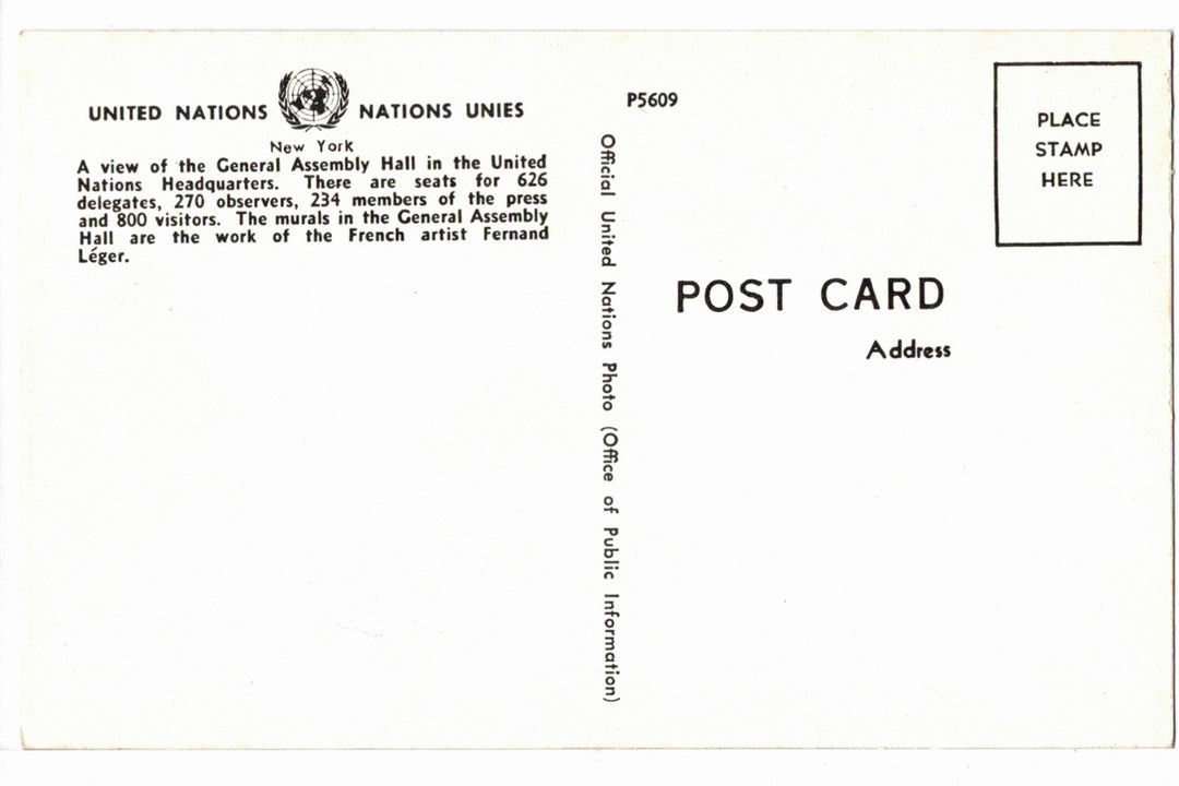 1960s General Assembly Hall, United Nations, New York Vintage Postcard.