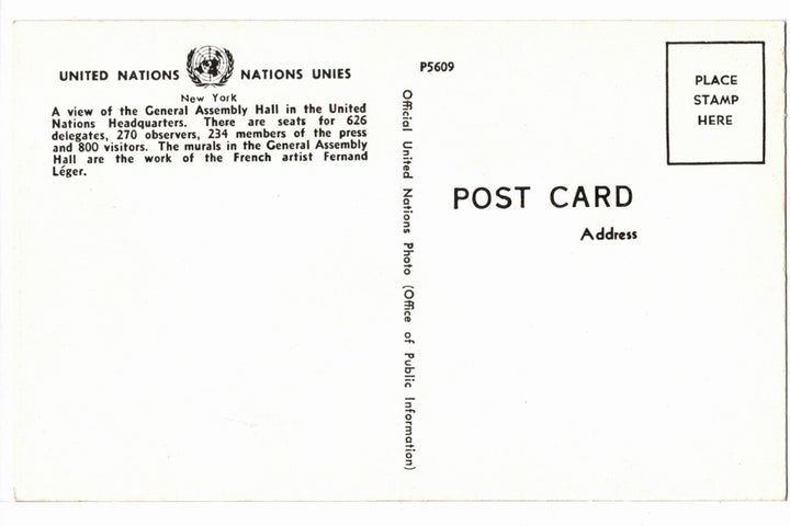 1960s General Assembly Hall, United Nations, New York Vintage Postcard.