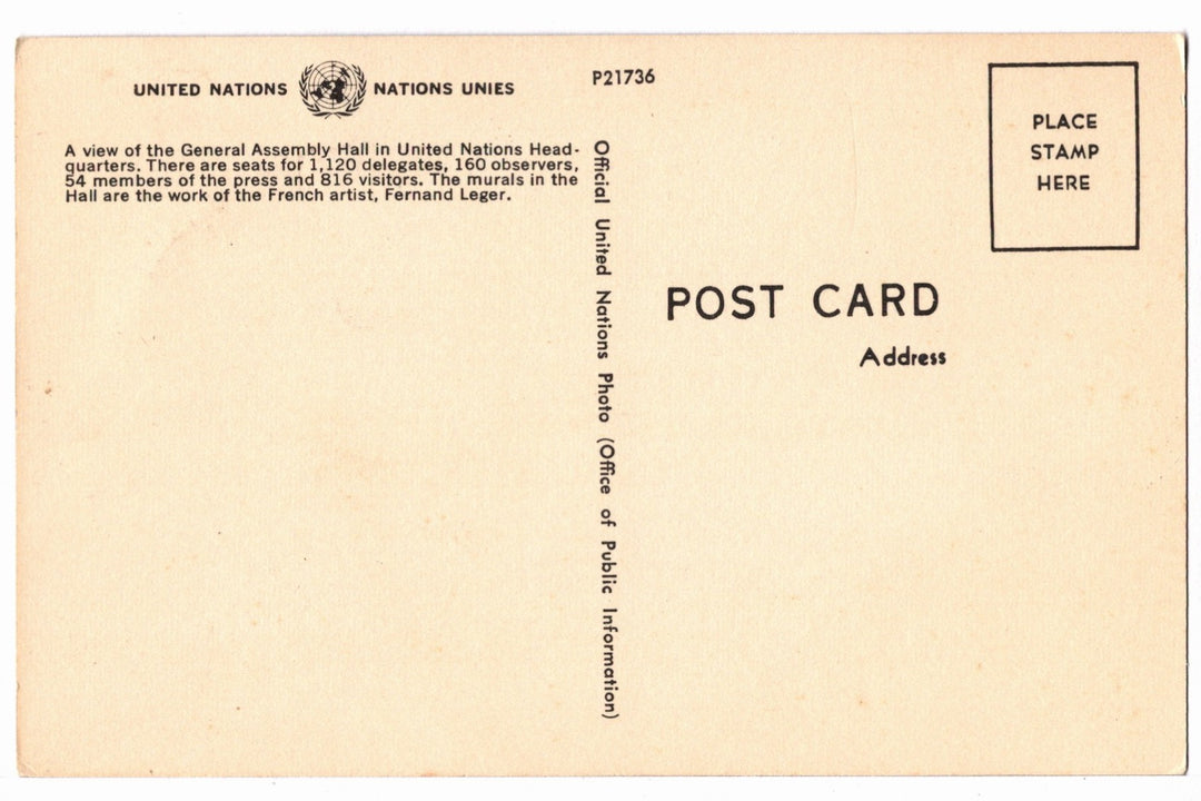 1960s General Assembly Hall, United Nations, New York Vintage Postcard.