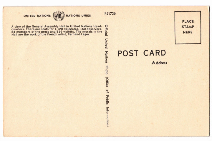 1960s General Assembly Hall, United Nations, New York Vintage Postcard.