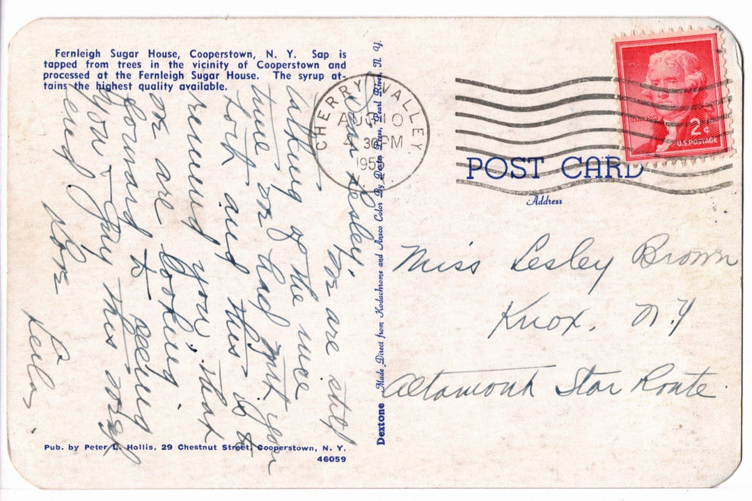 1951 Fernleigh Sugar House in Cooperstown, New York Vintage Postcard.