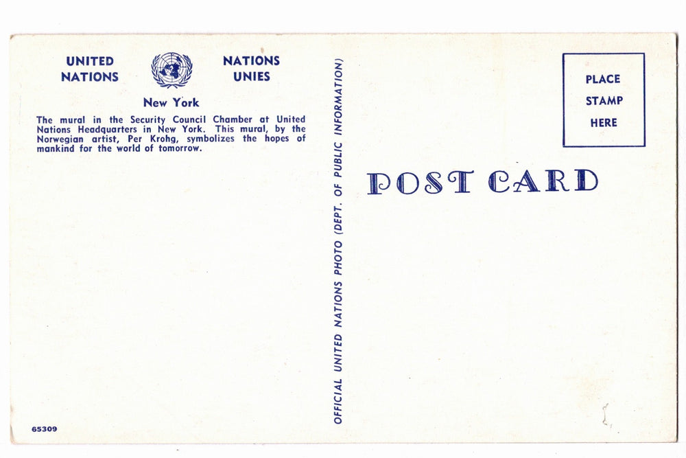 1960s United Nations Security Council Mural by Krohg Vintage Postcard.