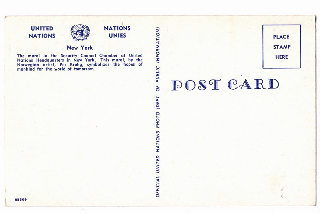 1960s United Nations Security Council Mural by Krohg Vintage Postcard.