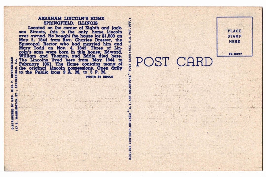 1955 Abraham Lincoln’s Home, Springfield, Illinois Vintage Postcard.